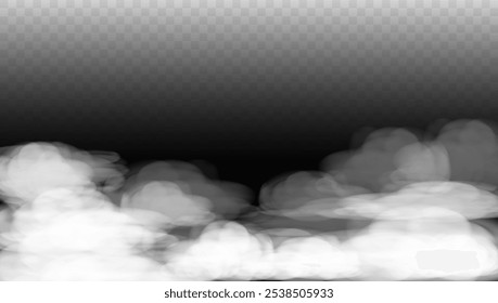 Vector illustration of white fog isolated on black background. Transparent effect.