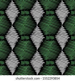 Vector illustration of white, forest green, chartreuse and white scribbled warped rhombuses isolated from background. Scribble texture, textile rapport. Seamless repeat pattern for gift wrap, textile.