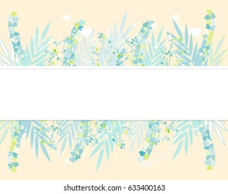 Vector illustration: white frame and tropical flowers with palm leaves. Tropical palm leaves pattern. Branches and leaves of tropical plants. Vector illustration.