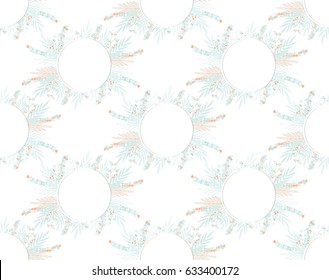 Vector illustration: white frame and tropical flowers with palm leaves. Tropical palm leaves pattern. Branches and leaves of tropical plants. Vector illustration.