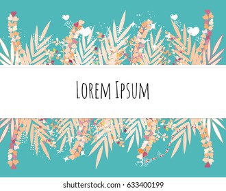 Vector illustration: white frame and tropical flowers with palm leaves. Tropical palm leaves pattern. Branches and leaves of tropical plants. Vector illustration.