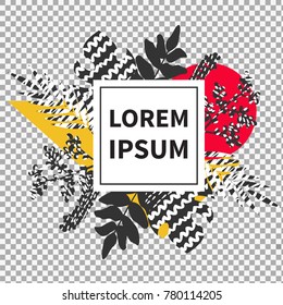 Vector illustration: white frame and tropical flowers with palm leaves on transparent background. Tropical palm leaves pattern. Branches and leaves of tropical plants. Vector illustration.