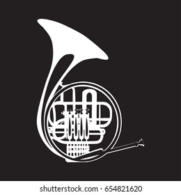 Vector illustration of white french horn isolated on black background. Wind brass musical instrument, flat style design.