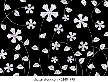 Vector illustration of  white  funky flowers abstract pattern on black  background