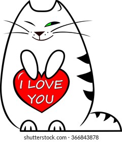 Vector illustration white funny kitten holds a red heart with a lettering 'I love you' in honor of Valentine's Day and smiles shyly