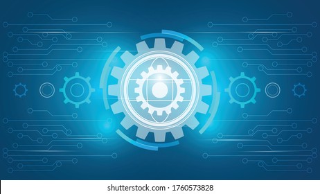 Ilustración vectorial rueda de engranaje blanco en la tarjeta de circuitos, tecnología digital de alta tecnología e ingeniería, Resumen futurista - tecnología en fondo de color azul