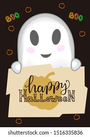 Vector illustration of white ghost. Halloween ghost costume. Poster for Halloween. Hand lettering Happy Halloween.