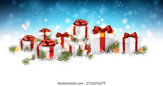 Vector illustration of white gift boxes with red ribbons, pine branches, and snow on a glowing festive background.
