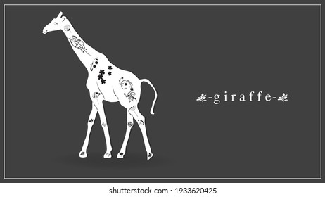 Vector illustration of a white giraffe with  flowers and plants. EPS 10.