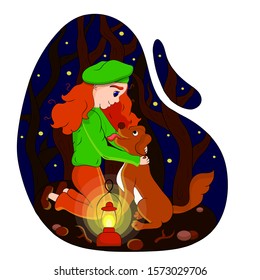 Vector illustration of a white girl with red hair, a green beret, and a lantern. Illustration of a girl in the forest with a dog. Illustration of a girl with a dog.