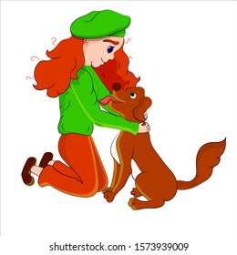 Vector illustration of a white girl with red hair, green beret. Illustration of a girl with a dog. Illustration of a beautiful girl with a dog isolated on a white background