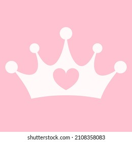Vector illustration of a white girly princess crown with the heart emblem isolated on pink background