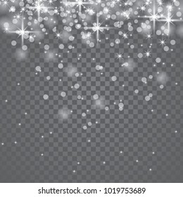 Vector illustration of white glitter particles bokeh effect. Sparkling texture. Falling transparent star dust sparks background for christmas holiday greeting card