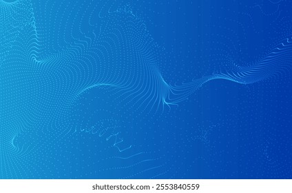 Vector illustration of white glowing dots dynamic flow on blue background. Moving sound particles. Swirl lines of digital technology. Abstract futuristic design.
