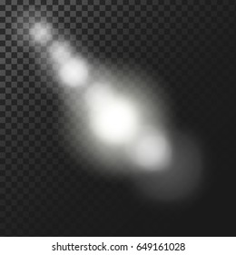 Vector illustration of a white glowing light effect with lens flares isolated on a dark translucent background