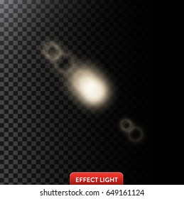 Vector illustration of a white glowing light effect with lens flares isolated on a dark translucent background