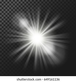 Vector illustration of a white glowing light effect with rays and lens flares isolated on a dark translucent background