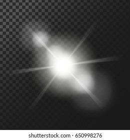 Vector illustration of a white glowing light effect with rays and lens flares isolated on a dark translucent background