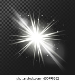 Vector illustration of a white glowing light effect with rays and lens flares isolated on a dark translucent background