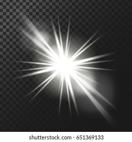 Vector illustration of a white glowing light effect with rays and lens flares isolated on a dark translucent background