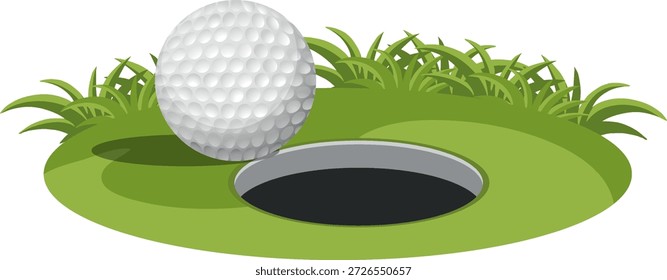 Ilustração vetorial de uma bola de golfe branca sentada na grama verde ao lado de um buraco