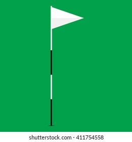Vector illustration white golf flag isolated on green background. Game golf equipment. Golf flag icon flat design