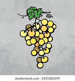 Vector illustration of a white grape cluster hanging on a vine with a green leaf. Stylized yellow berries and decorative tendrils make it ideal for wine labels, organic food branding.