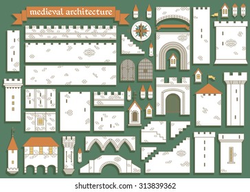 Vector illustration: white graphic elements of the middle ages royal castle isolated on green background - design your own castle for your pattern or web-site
