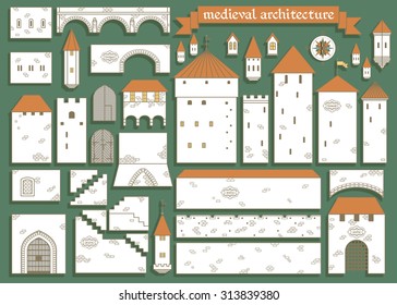 Vector illustration: white graphic elements of the middle ages royal castle isolated on green background - design your own castle for your pattern or web-site