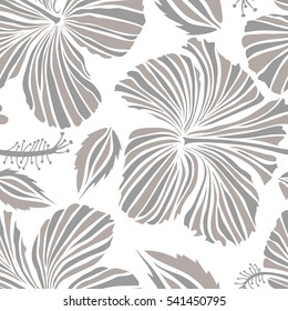 Vector illustration in white and gray colors on a white background. Seamless tropical flower, hibiscus pattern.