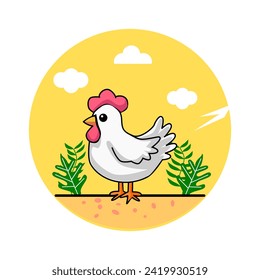 vector illustration of a white and gray hen or chicken, with a yellow circle background with clouds and green leaves