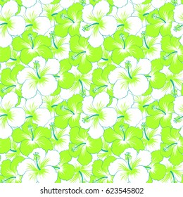 Vector illustration. White, green and blue hibiscus flowers seamless pattern.