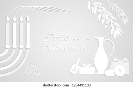 Vector illustration of white greeting card for Hanukkah with copy space, it has a white color, a flat paper design. The Menorah with burning candles donuts a toy dreidel, jug, olive branches, gifts. 