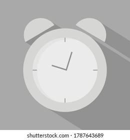 Vector illustration of white and grey framed alarm clock, flat vector design of round clock, simple modern clock graphic, circle clock clip art with shadow.