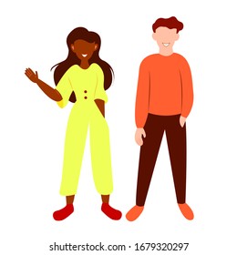 Vector illustration of a white guy and black girl isolated on a white background. Flat illustration of a couple of different nationality. Illustration of a girl in a yellow suit