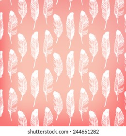 Vector illustration with white hand drawn feathers texture on blurred pink background.