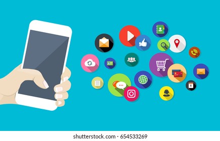 Vector illustration with white hand holding mobile phone and communication, social and entertainment apps icons on blue background