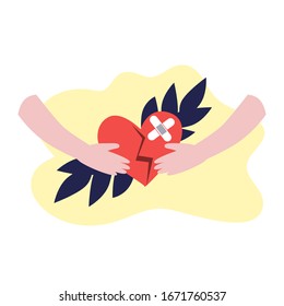 Vector illustration of white hands holding the red heart with wound and patch on it. Depression, harrassment, abuse or bullying concept. Psyhology template