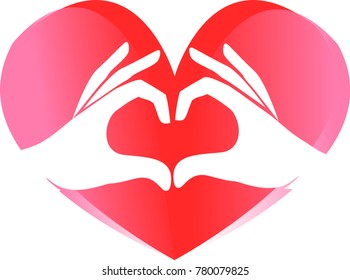 vector illustration, white hands on the background of the red heart, depict the heart, the day of all lovers, love, heart