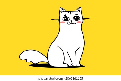 Vector illustration of white happy cute cat character on yellow color background. Flat line art style design of sitting animal cat for web, site, banner, poster, child card