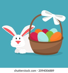 ilustración vectorial de una liebre blanca sentada detrás de una cesta con huevos coloridos. Ilustración sobre el tema de Pascua