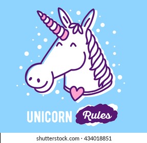 Vector illustration of white head of cute magic unicorn with heart and words unicorn rules on blue background. Thin flat line art design to make unicorn party poster, invitation, greeting card