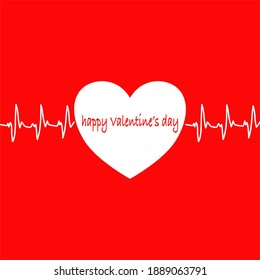 Vector illustration of a white heart, heart pulse beat line and text saying happy Valentine’s Day on red background for valentine’s card