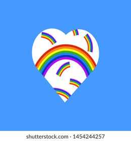Vector illustration of a white heart with a rainbow on a blue artistic background. Postcard template for the design of the International Day of Homophobia.