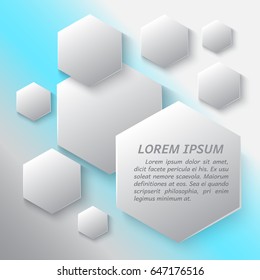Vector illustration of white hexagonal shapes on light blue background. Abstract logo for text, documents or presentations. Infographic template.