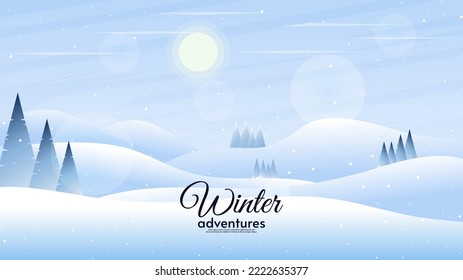 Vector illustration. White hills, winter snowy landscape with forest. Flat design illustration. Design for wallpaper, banner, touristic or business card. 