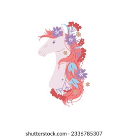 Vector illustration of white horse head with pink mane, flowers and rowan. Hand drawn fantastic horse isolated on white background. Cartoon fairy tale character with leaves and red berries