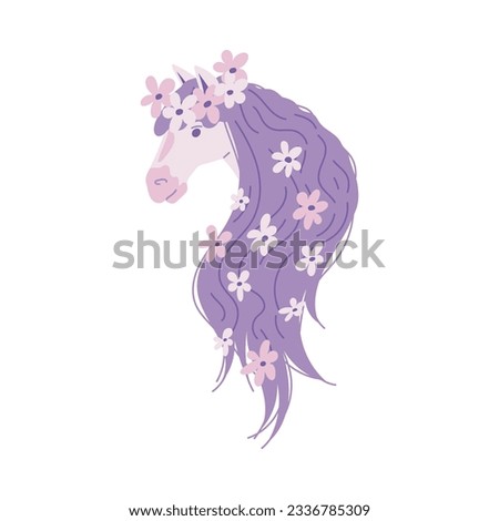 Vector illustration of white horse head with purple mane and wreath of flowers. Hand drawn fantastic horse isolated on white background. Cartoon fairy tale character