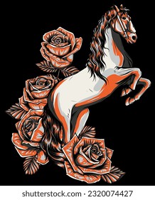 ilustración vectorial del caballo blanco con rosa sobre fondo negro