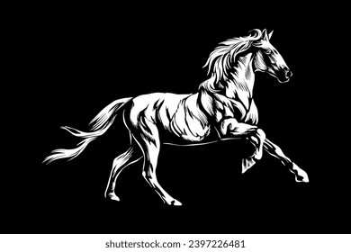 Vector illustration of a white horse running on a black background